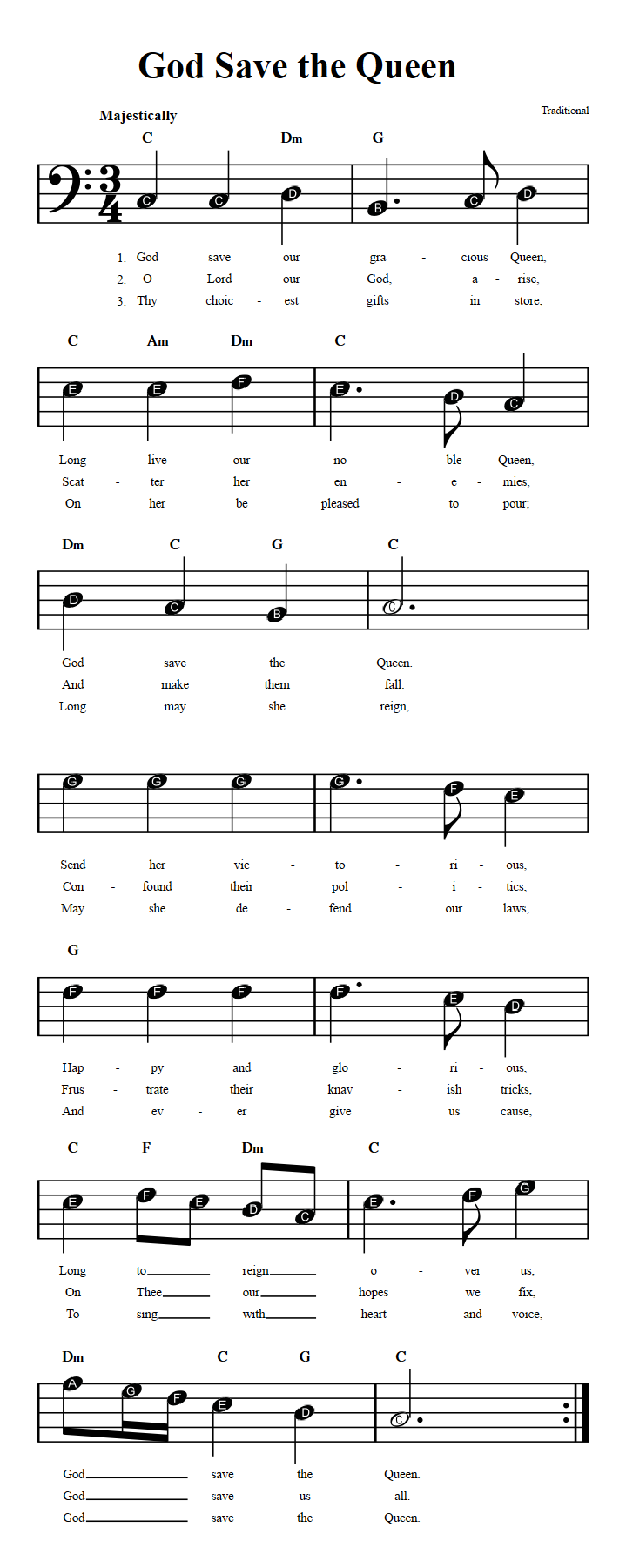 God Save the Queen: Beginner Bass Clef Sheet Music with Chords and Lyrics