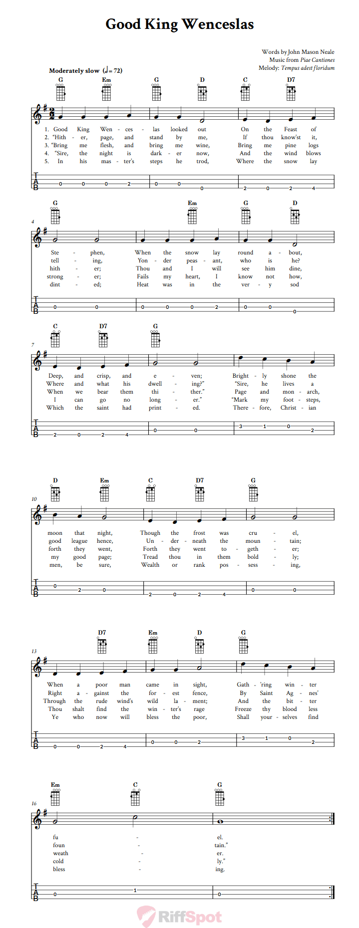 Good King Wenceslas Chords, Sheet Music, and Tab for Baritone Ukulele