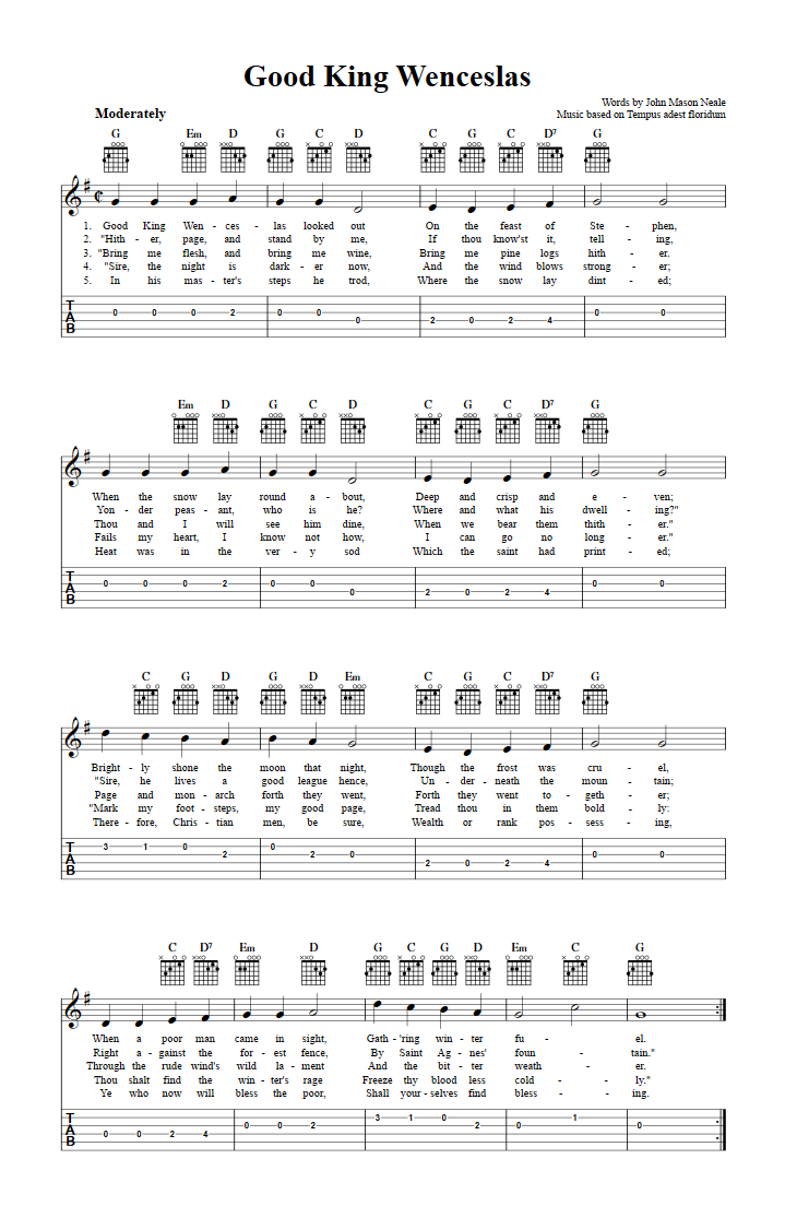 Good King Wenceslas: Chords Sheet Music and Tab for Guitar with Lyrics Good King Wenceslas: Chords Sheet Music and Tab for Guitar with Lyrics