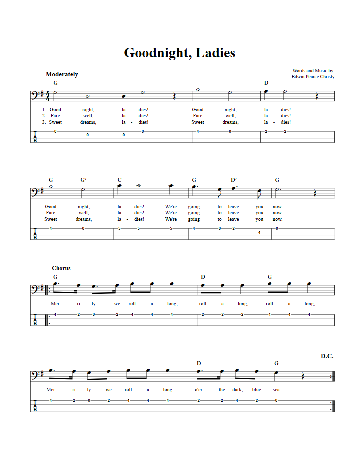 Goodnight, Ladies Chords, Sheet Music, and Tab for Bass Guitar with Lyrics