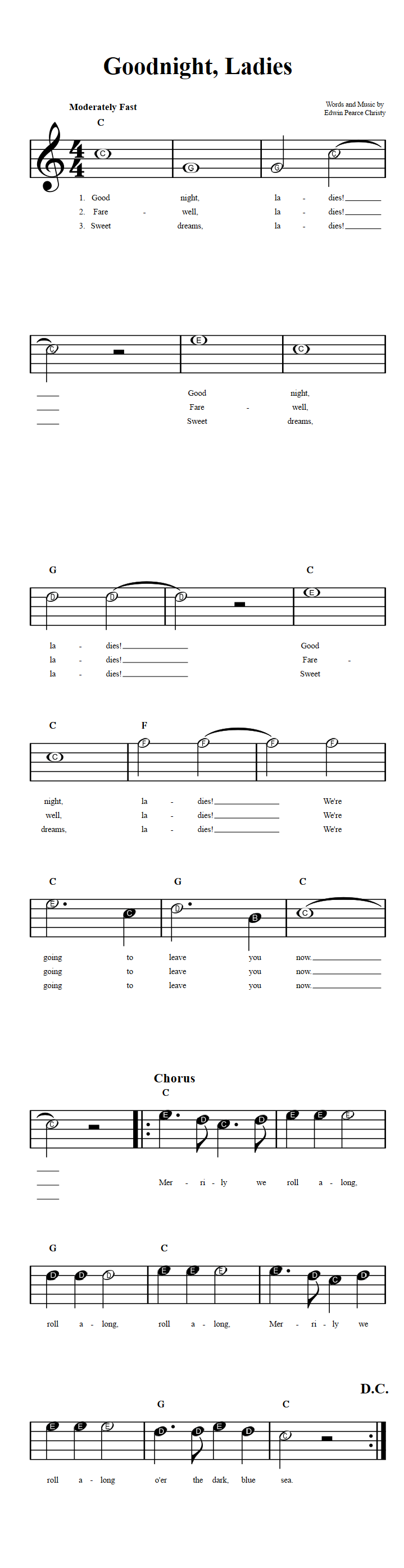 Goodnight, Ladies Beginner Sheet Music with Chords and Lyrics