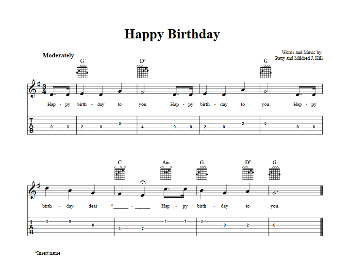 Happy Birthday Chords Sheet Music And Tab For Guitar With Lyrics