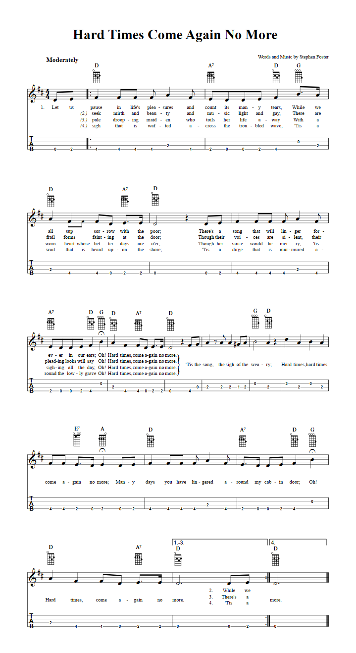 Hard Times Come Again No More Chords Sheet Music And Tab For Baritone Ukulele With Lyrics