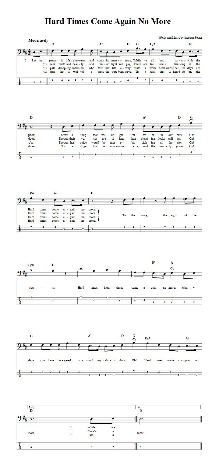 Hard Times Come Again No More Chords Sheet Music And Tab For Bass Guitar With Lyrics