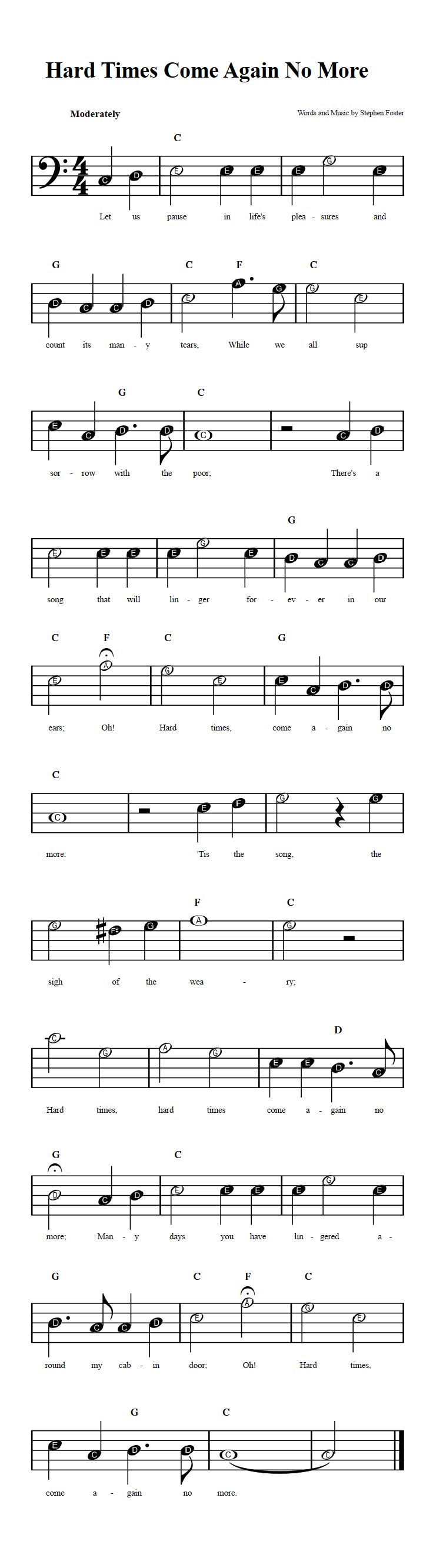Hard Times Come Again No More Beginner Bass Clef Sheet Music With Chords And Lyrics