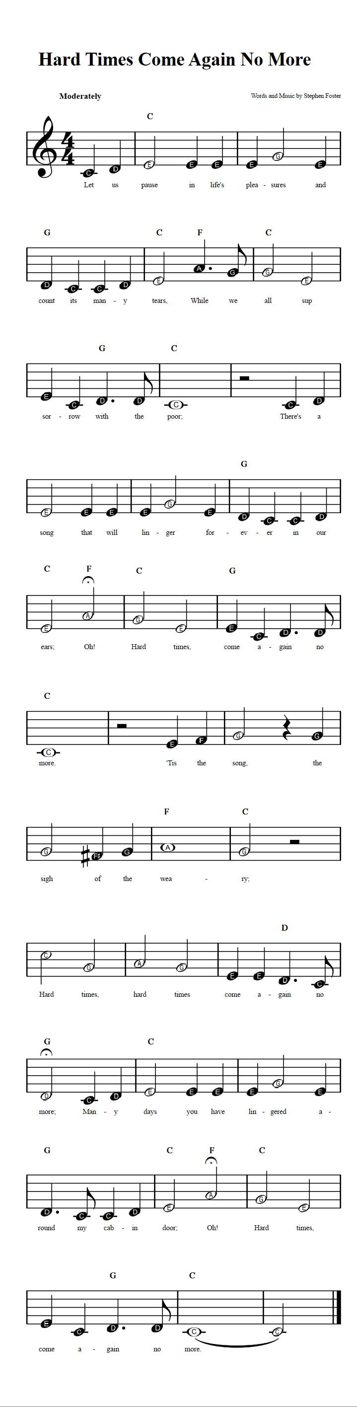 Hard Times Come Again No More Beginner Sheet Music With Chords And Lyrics