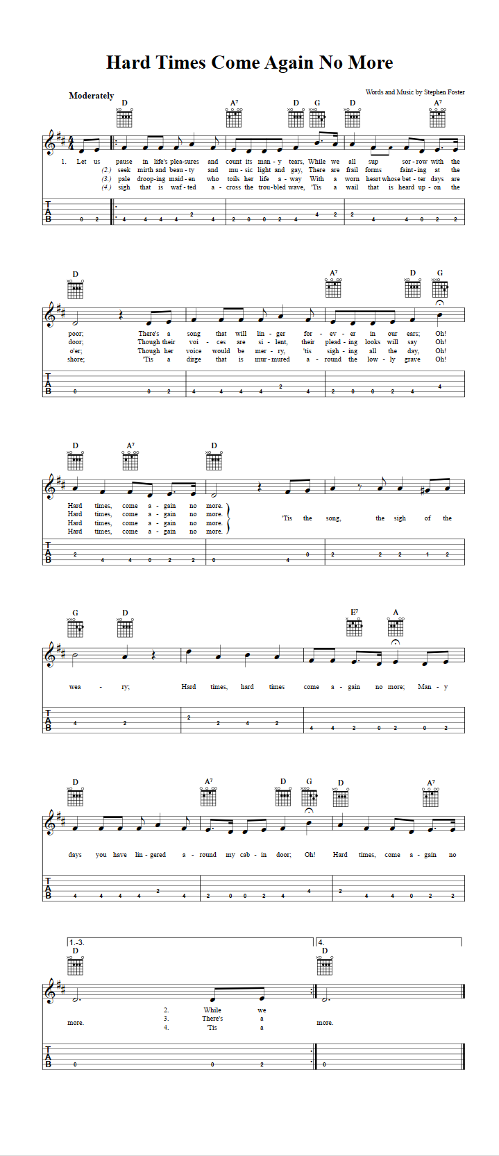 Hard Times Come Again No More Chords Sheet Music And Tab For Guitalele With Lyrics