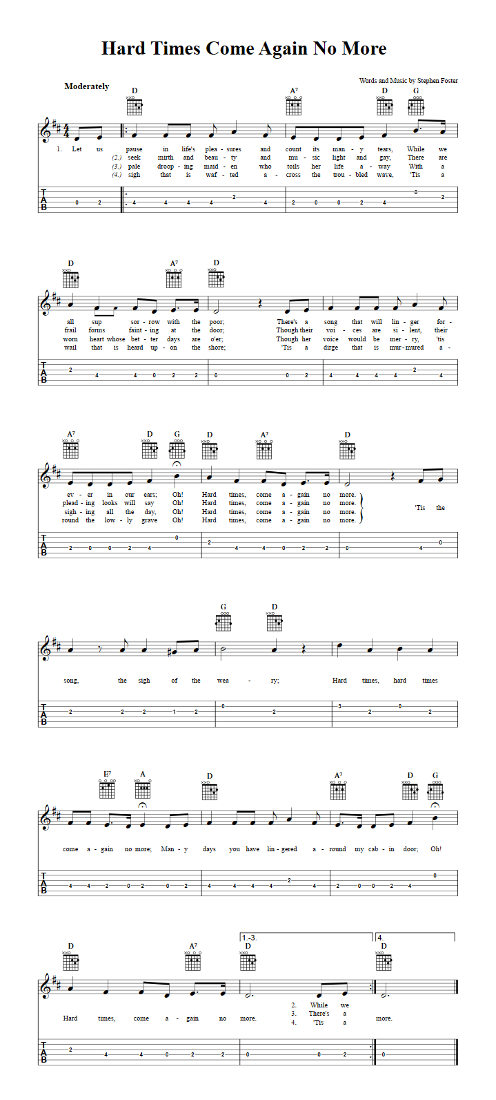 Hard Times Come Again No More Chords Sheet Music And Tab For Guitar With Lyrics