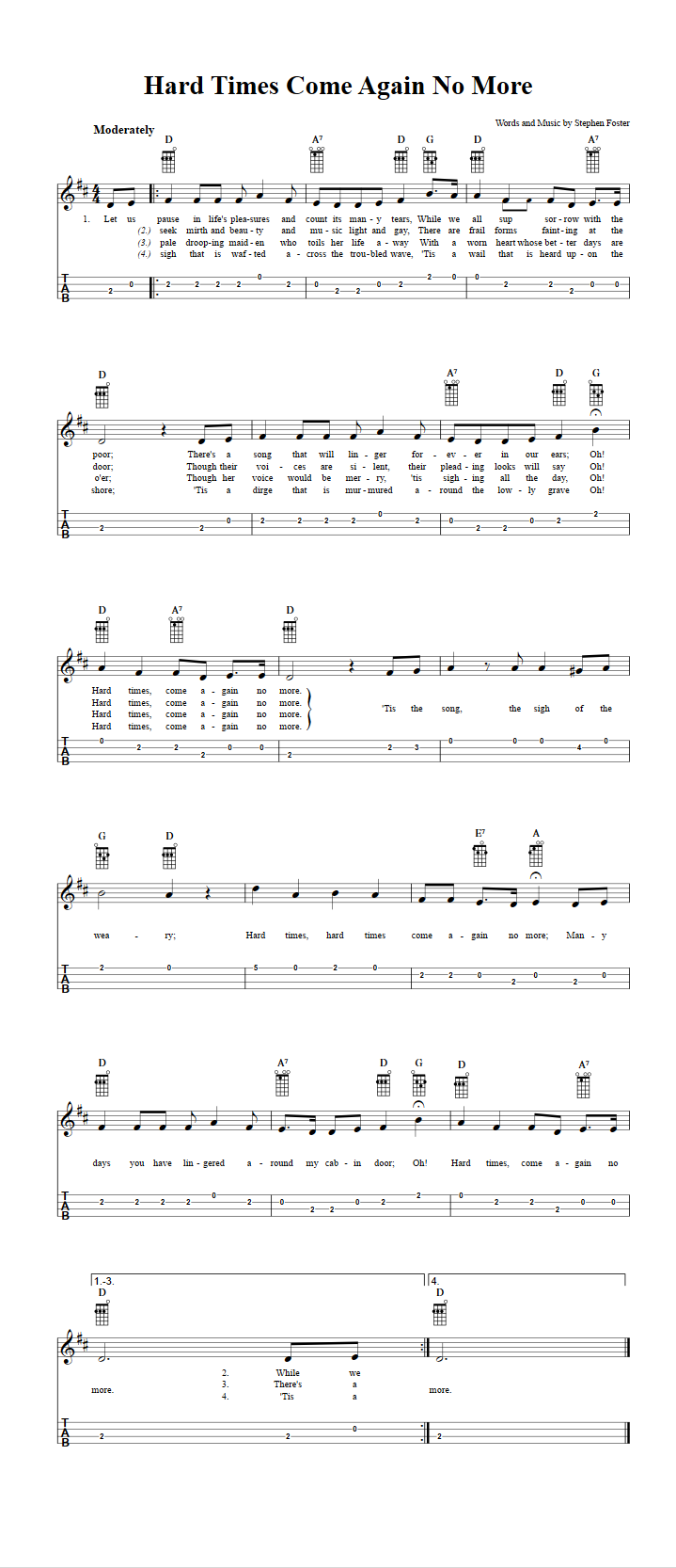 Hard Times Come Again No More Chords Sheet Music And Tab For Ukulele With Lyrics