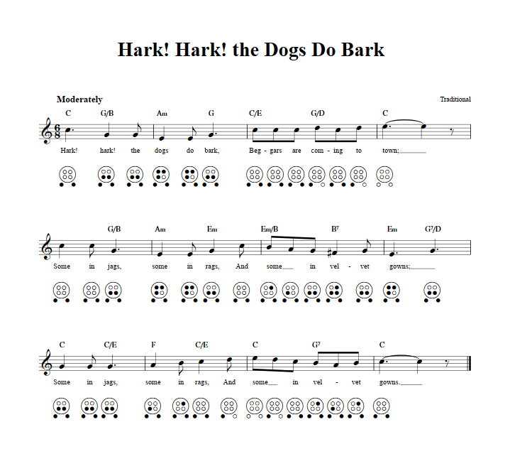 Hark! Hark! the Dogs Do Bark Chords, Sheet Music, and Tab for 6 Hole