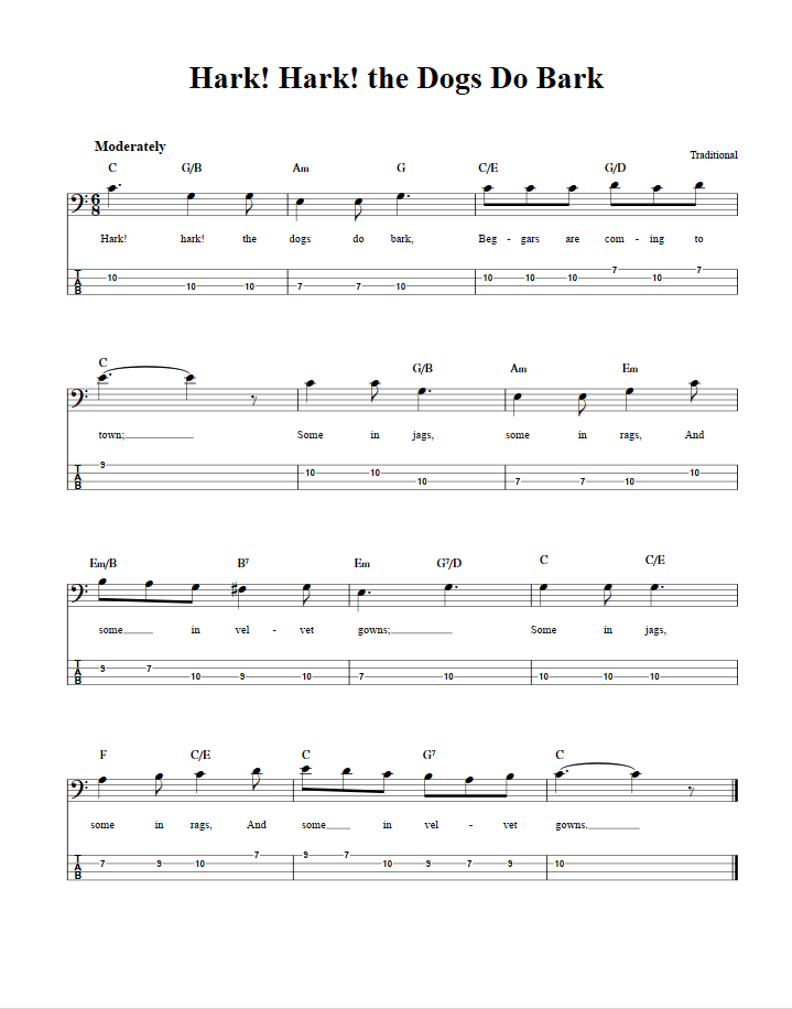 Hark! Hark! the Dogs Do Bark Chords, Sheet Music, and Tab for Bass