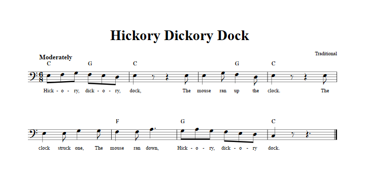 Hickory Dickory Dock: Chords, Lyrics, and Bass Clef Sheet Music