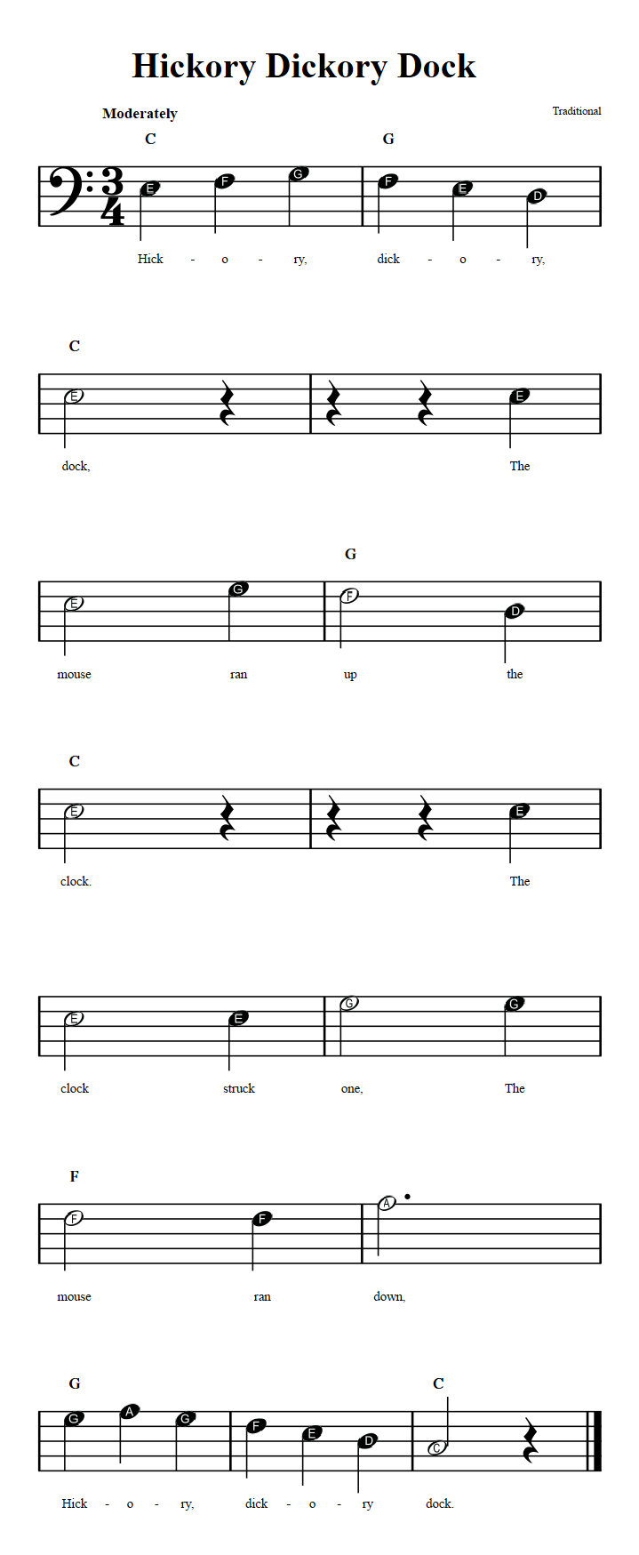 Hickory Dickory Dock: Beginner Bass Clef Sheet Music with Chords and Lyrics