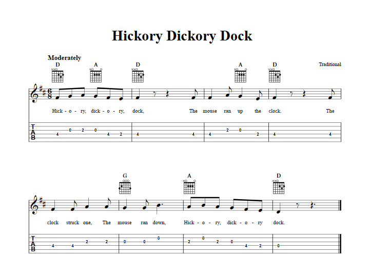 Hickory Dickory Dock Chords Sheet Music And Tab For Guitar With Lyrics 