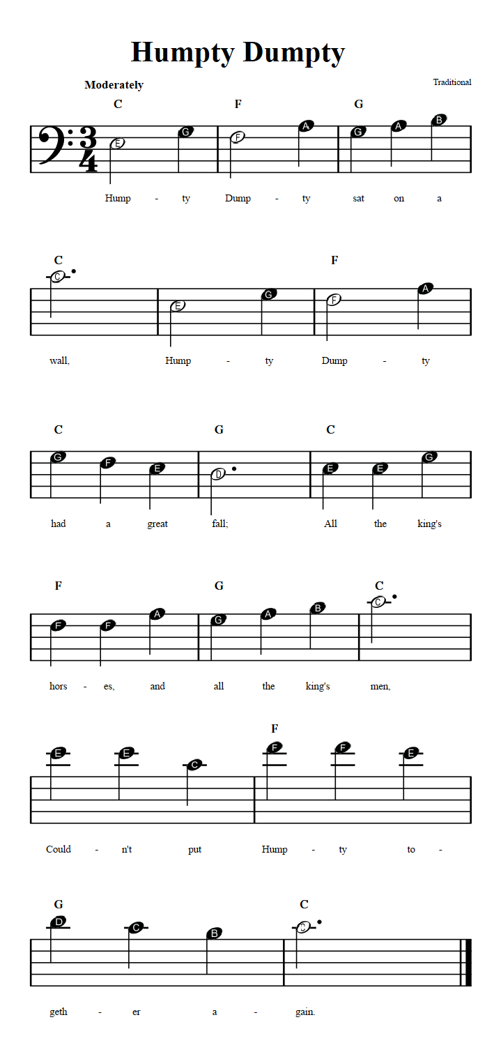 Humpty Dumpty Beginner Bass Clef Sheet Music With Chords And Lyrics 2913