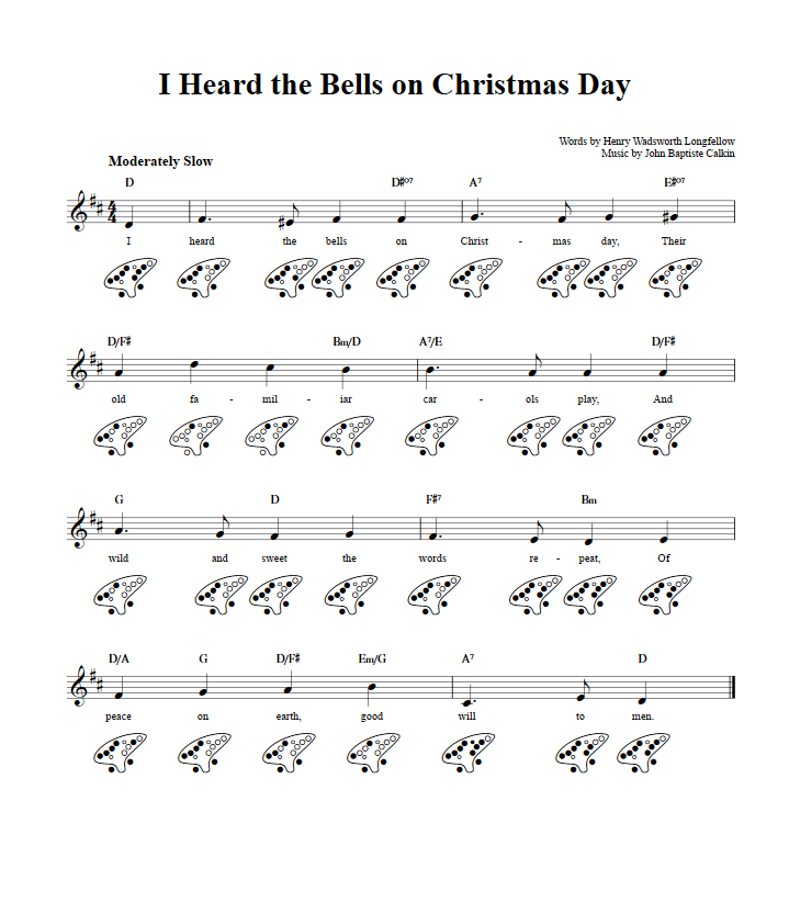 I Heard the Bells on Christmas Day: Chords, Sheet Music, and Tab for 12 Hole Ocarina with Lyrics
