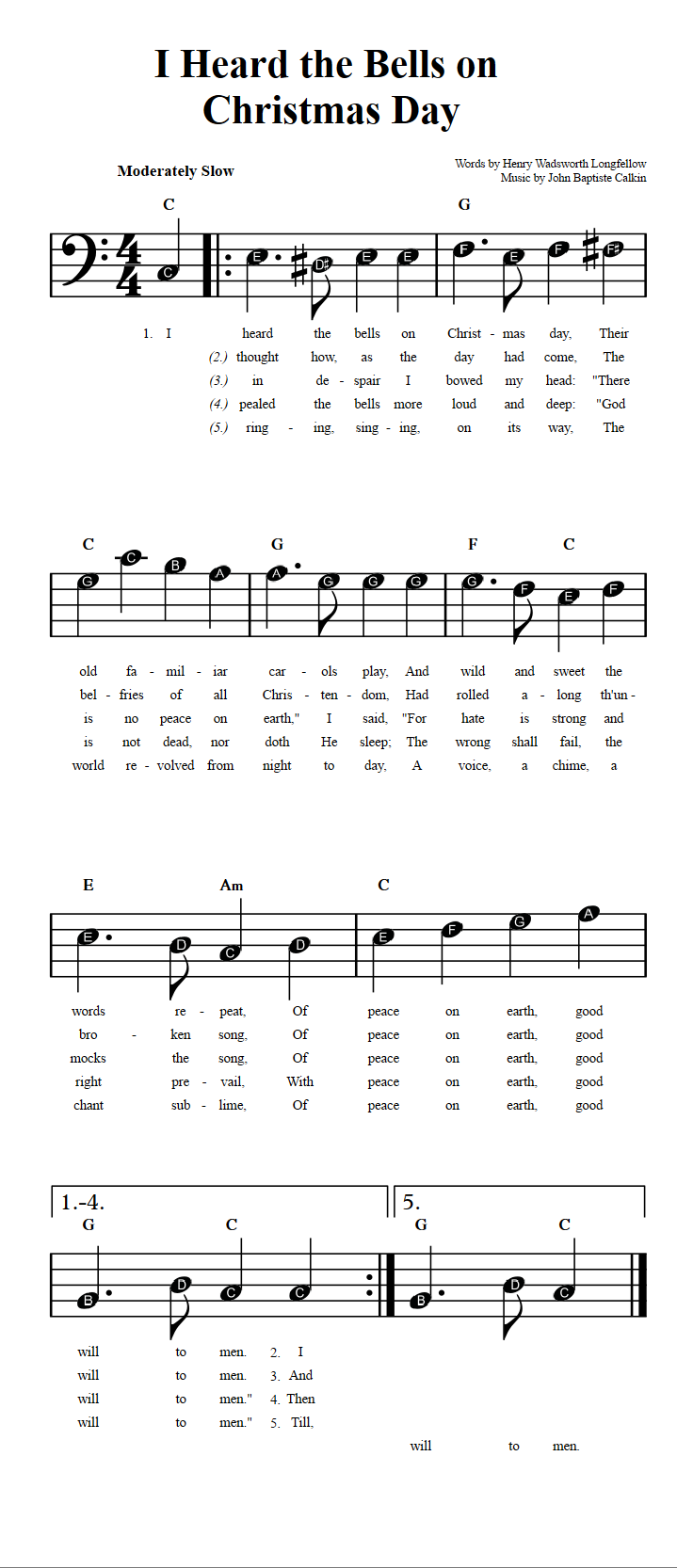 I Heard The Bells On Christmas Day Beginner Bass Clef Sheet Music With Chords And Lyrics