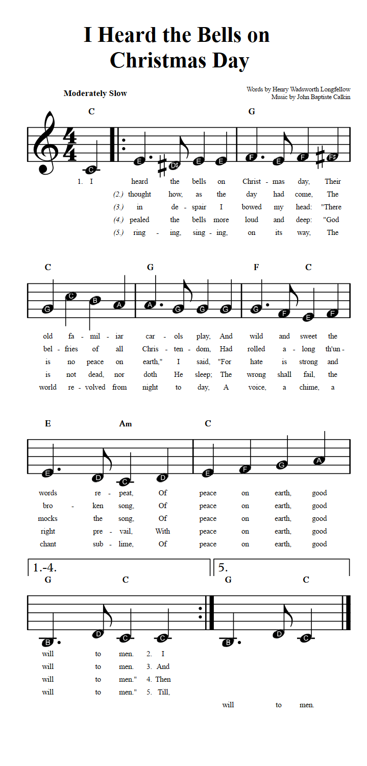 I Heard the Bells on Christmas Day: Beginner Sheet Music with Chords and Lyrics