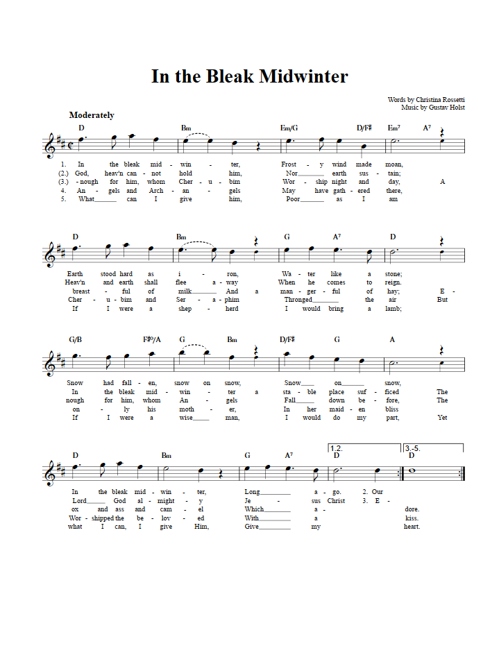 In the Bleak Midwinter Chords, Lyrics, and Sheet Music for EFlat Instruments In the Bleak Midwinter Chords, Lyrics, and Sheet Music for EFlat Instruments