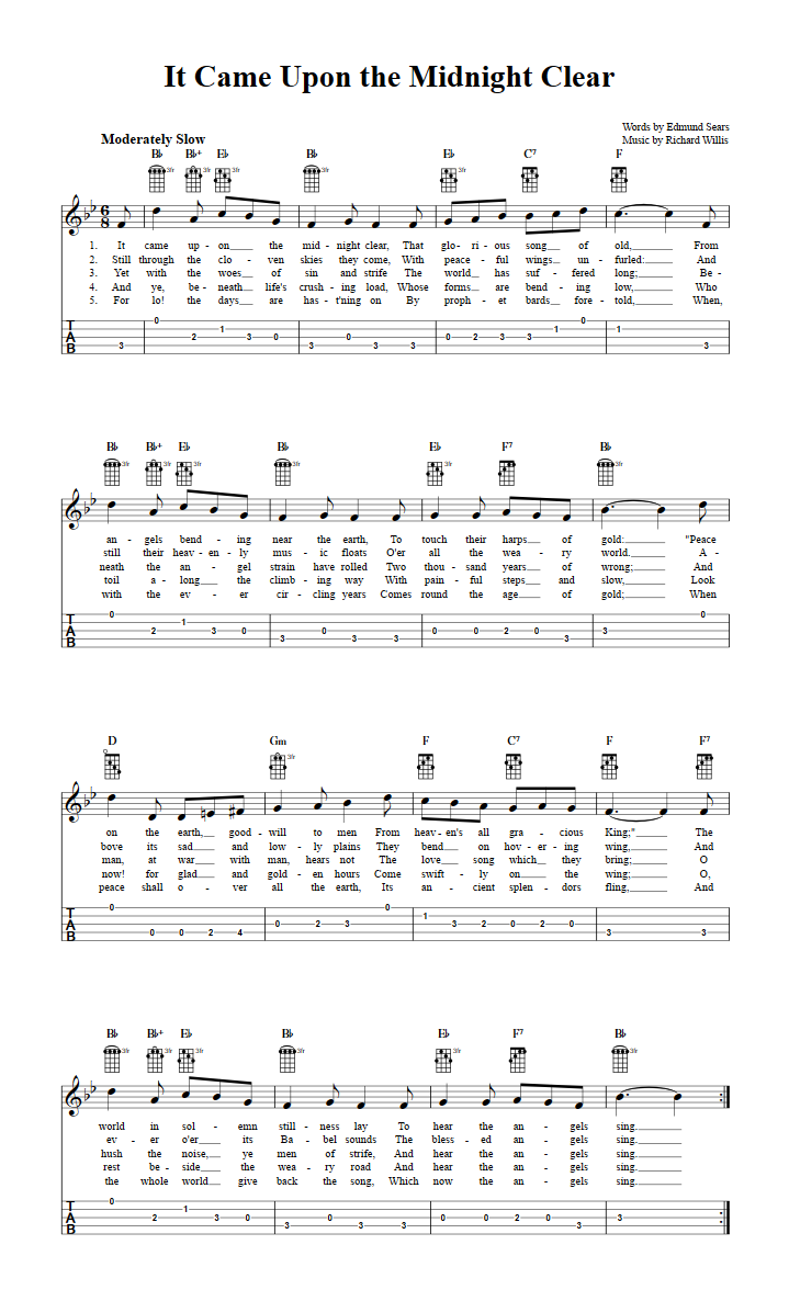 It Came Upon The Midnight Clear Chords Sheet Music And Tab For Banjo With Lyrics