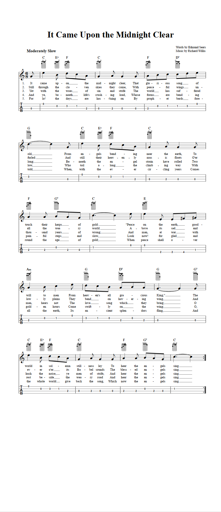 It Came Upon The Midnight Clear Chords Sheet Music And Tab For Baritone Ukulele With Lyrics
