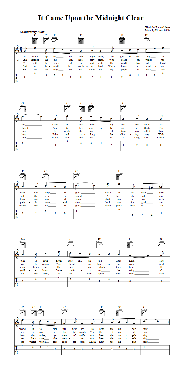 It Came Upon the Midnight Clear: Chords, Sheet Music, and Tab for Guitar with Lyrics