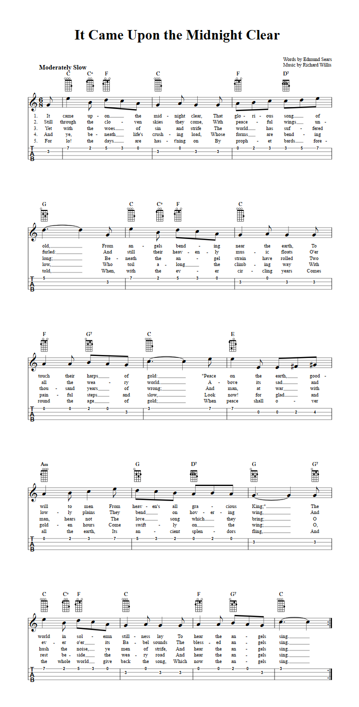 It Came Upon The Midnight Clear Chords Sheet Music And Tab For Ukulele With Lyrics