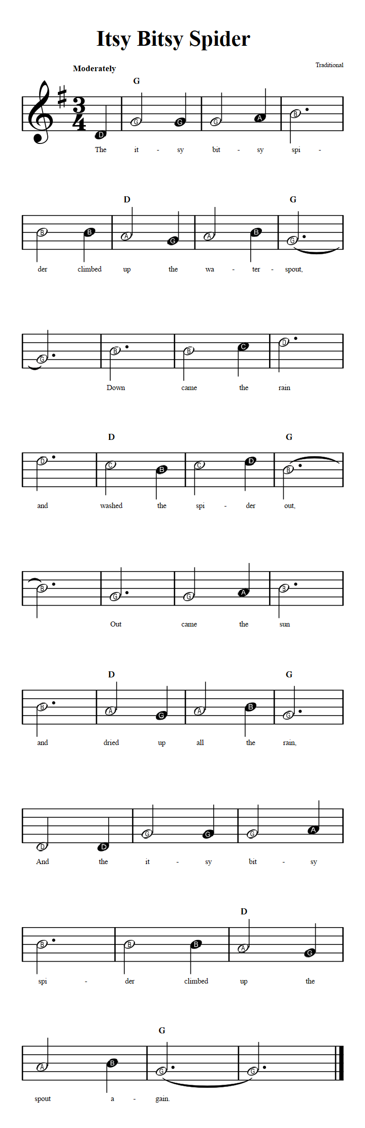 Itsy Bitsy Spider: Beginner Sheet Music With Chords And Lyrics