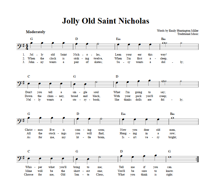 Jolly Old Saint Nicholas: Chords, Lyrics, and Bass Clef Sheet Music