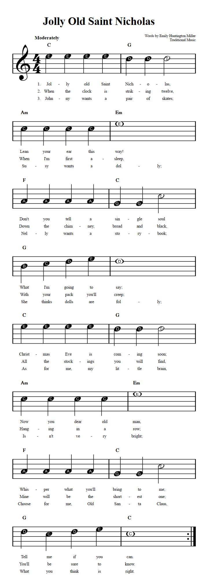 Jolly Old Saint Nicholas Beginner Sheet Music with Chords and Lyrics
