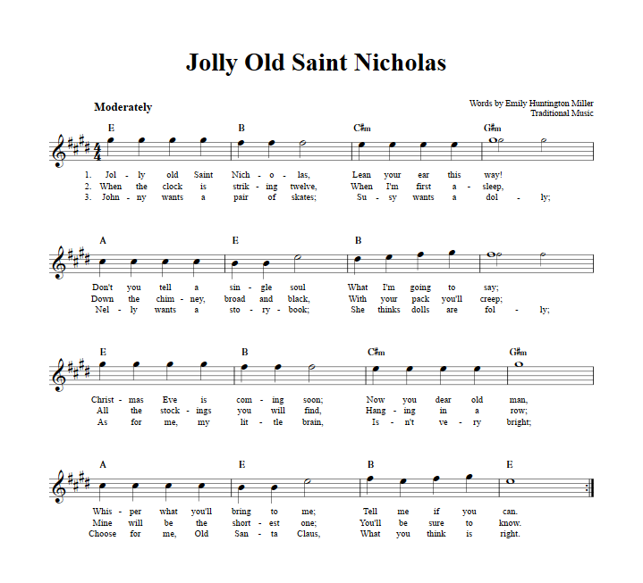 Jolly Old Saint Nicholas: Chords Lyrics and Sheet Music for E Flat