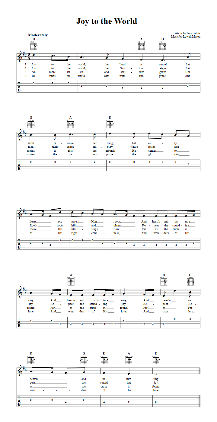 Joy to the World: Chords, Sheet Music, and Tab for Guitar with Lyrics