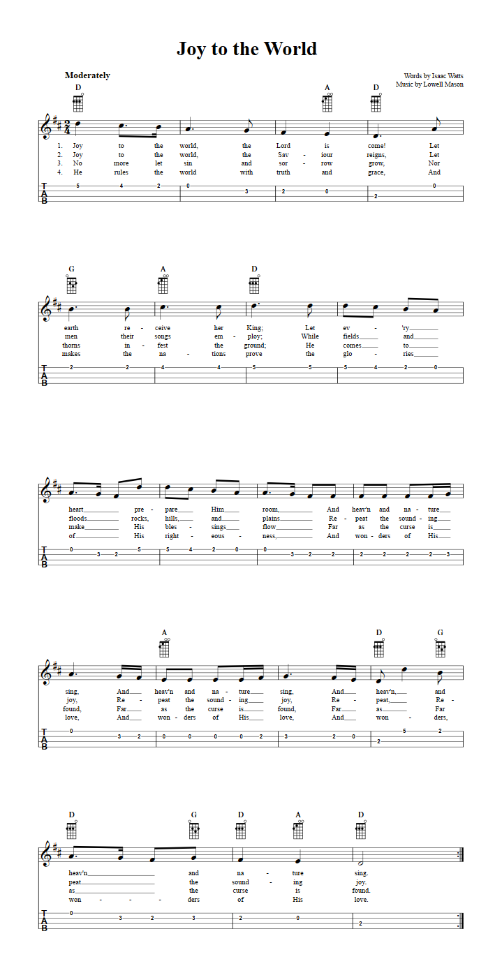 Joy to the World: Chords, Sheet Music and Tab for Ukulele with Lyrics