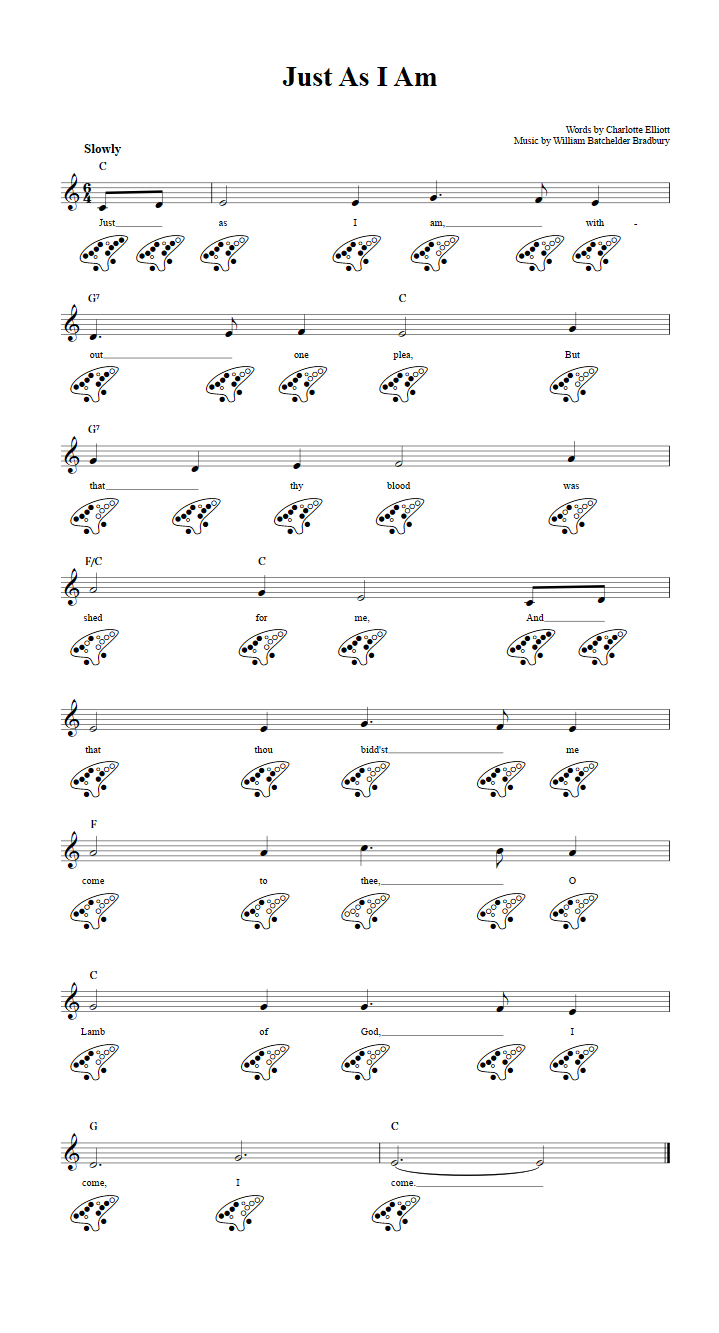 Just As I Am: Chords, Sheet Music, and Tab for 12 Hole Ocarina with Lyrics