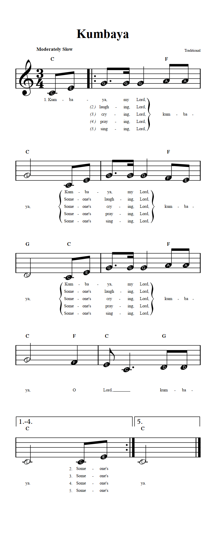 Kumbaya Beginner Sheet Music with Chords and Lyrics