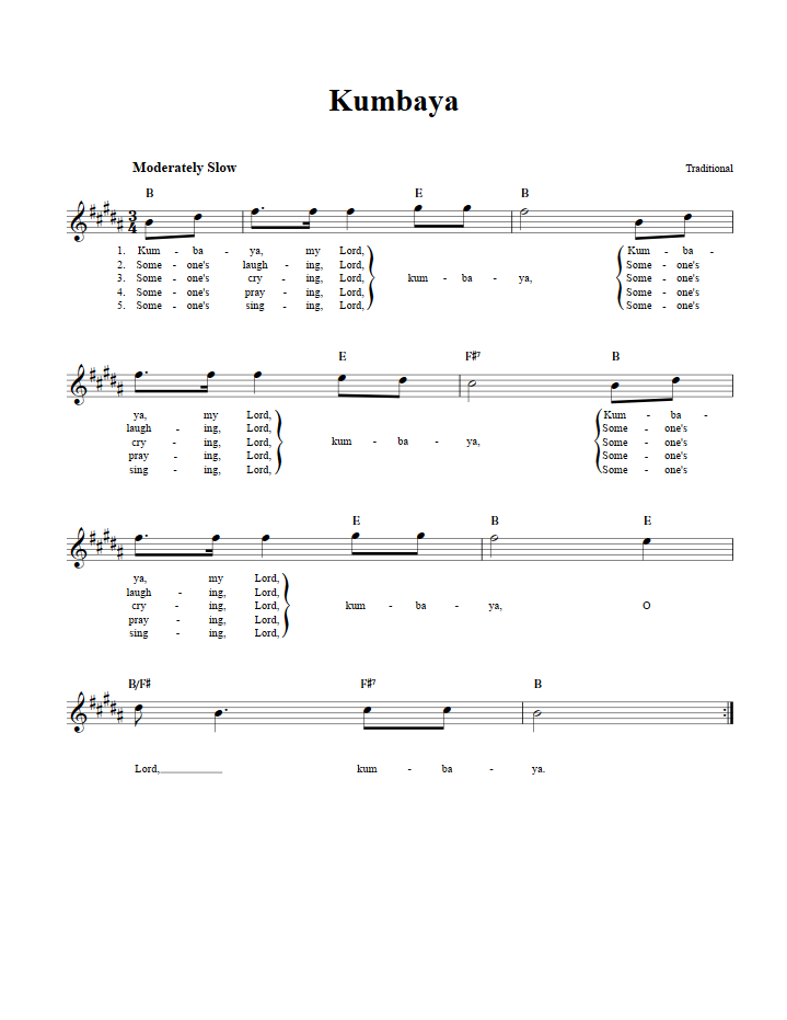 Kumbaya Chords, Lyrics, and Sheet Music for EFlat Instruments