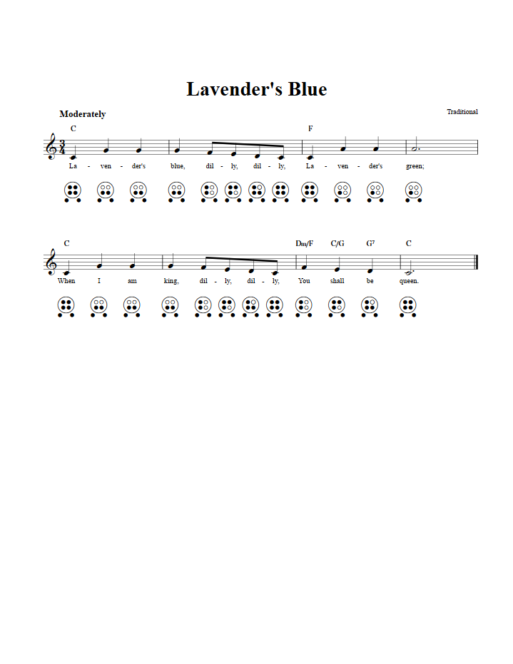 Lavender's Blue: Chords, Sheet Music, and Tab for 6 Hole Ocarina with