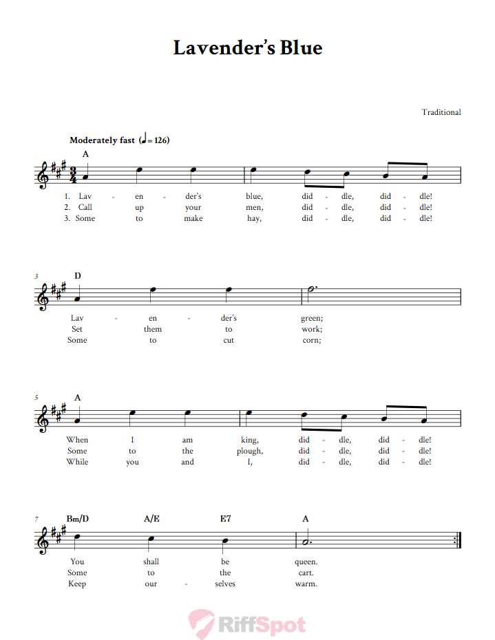Lavender's Blue: Chords, Lyrics, and Sheet Music for B-Flat Instruments