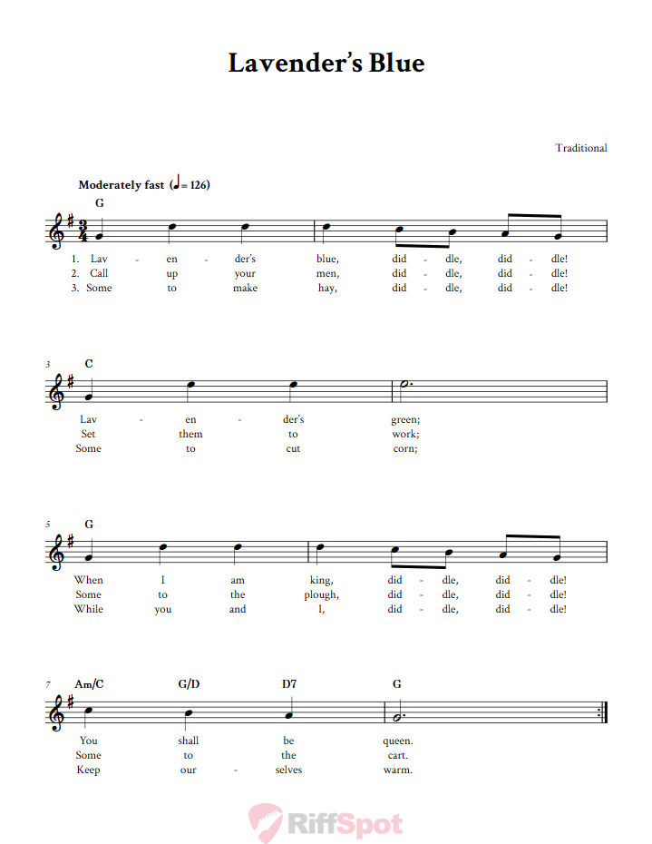 Lavender's Blue: Chords, Lyrics, and Sheet Music for C Instruments