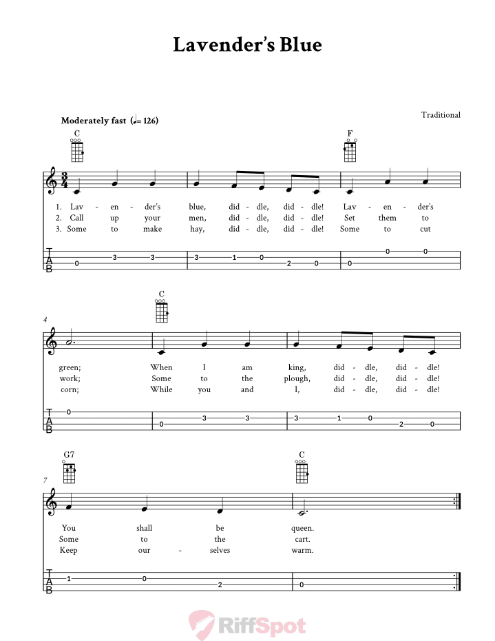 Lavender's Blue: Chords, Sheet Music and Tab for Ukulele with Lyrics