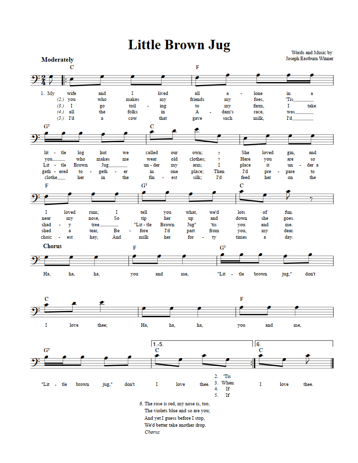 Little Brown Jug: Chords, Lyrics, and Bass Clef Sheet Music