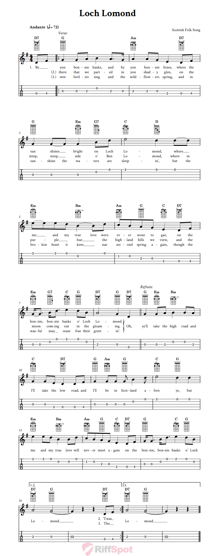 Loch Lomond: Chords, Sheet Music, and Tab for Banjo with Lyrics