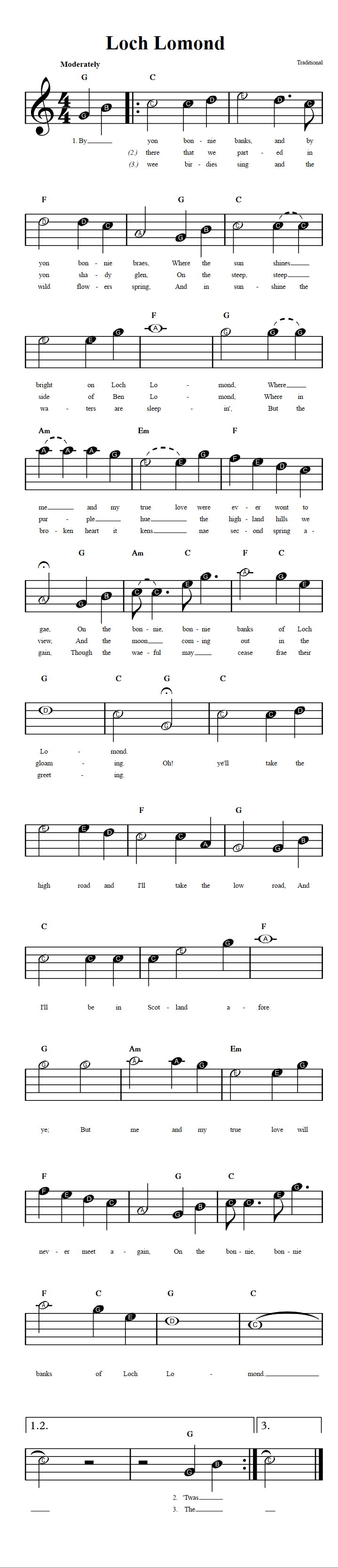 Loch Lomond Beginner Sheet Music with Chords and Lyrics