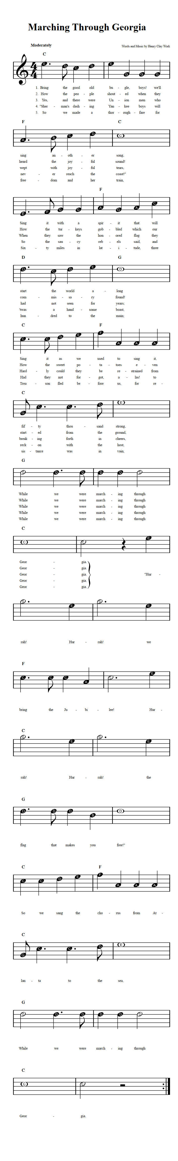 Marching Through Beginner Sheet Music with Chords and Lyrics