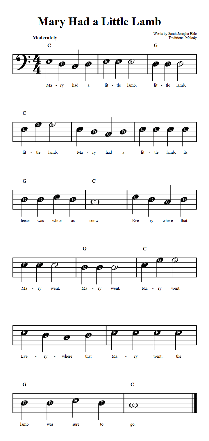 Mary Had A Little Lamb Beginner Bass Clef Sheet Music With Chords And Lyrics