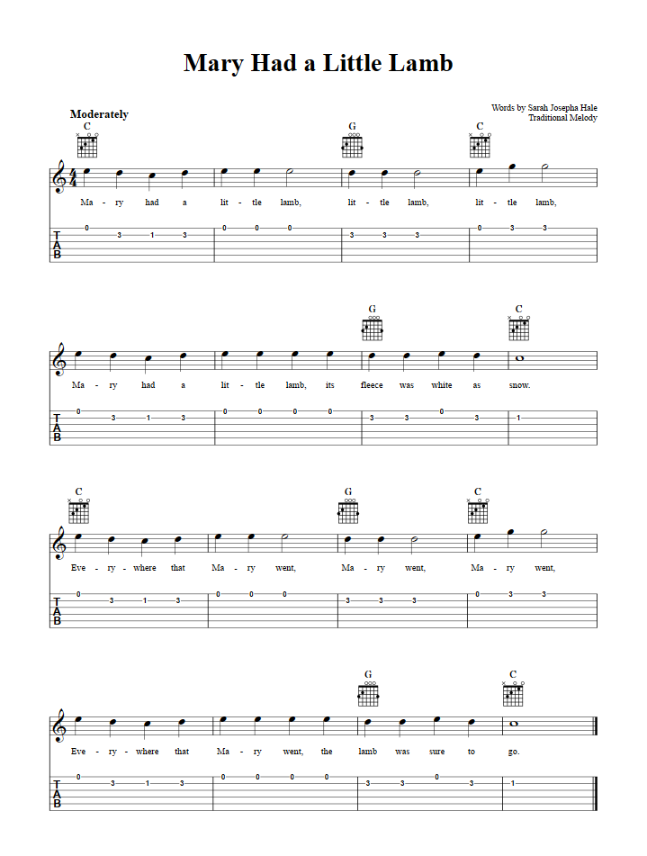 Mary Had A Little Lamb Chords Sheet Music And Tab For Guitar With Lyrics