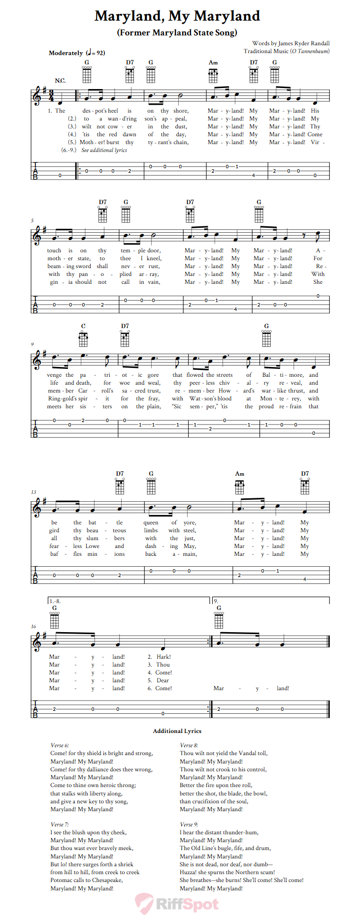 Maryland, My Maryland Chords, Sheet Music, and Tab for Banjo with Lyrics