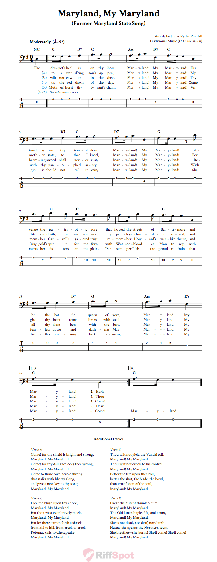 Maryland, My Maryland Chords, Sheet Music, and Tab for Bass Guitar with Lyrics