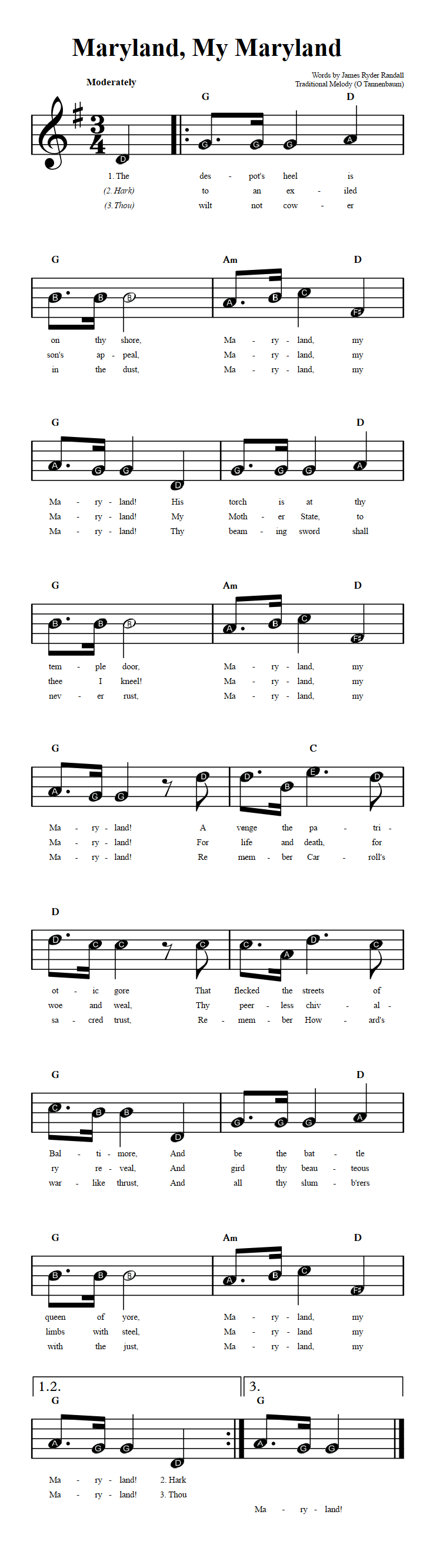 Maryland, My Maryland Beginner Sheet Music with Chords and Lyrics