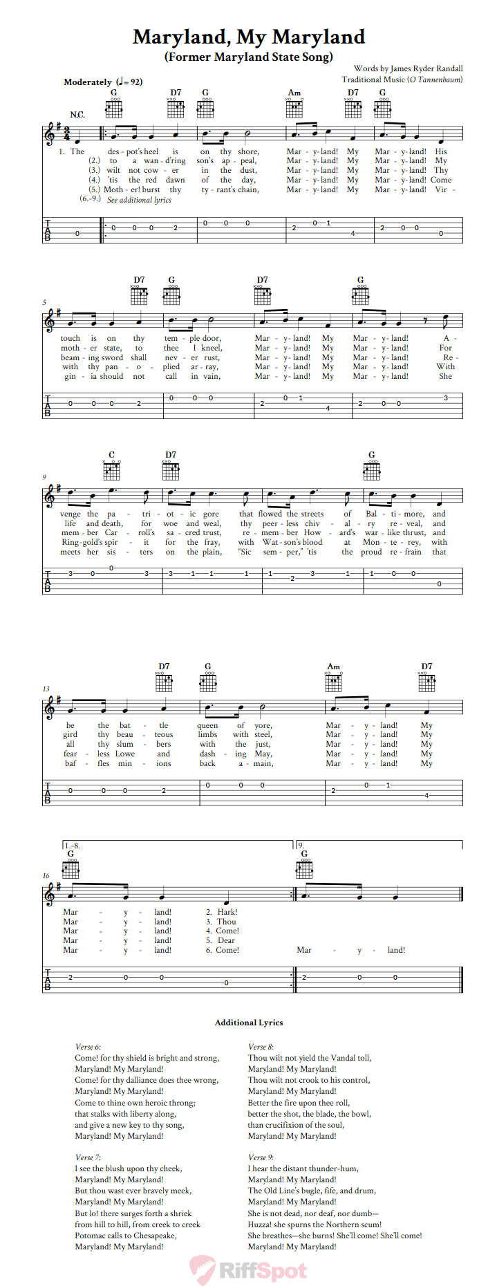 Maryland, My Maryland Chords, Sheet Music, and Tab for Guitar with Lyrics